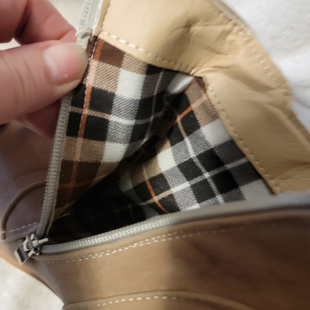 Tan Zipper-up Brown Tartan Lined‎ Ankle Boots - Picture 5 of 10